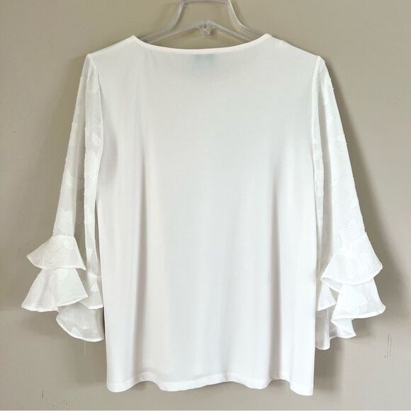 CeCe Dove White Tiered Ruffle Floral Appliqué Bell Sleeve Blouse Cream Size L - Picture 4 of 9